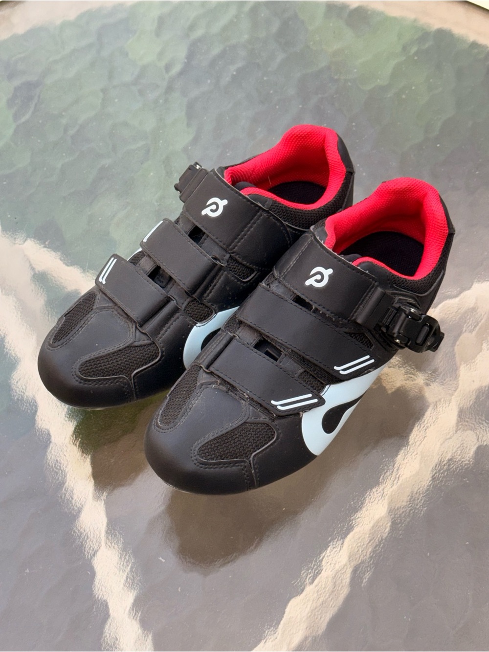 Peloton Kids Black Shoes with Red Lining and Light Blue Accent